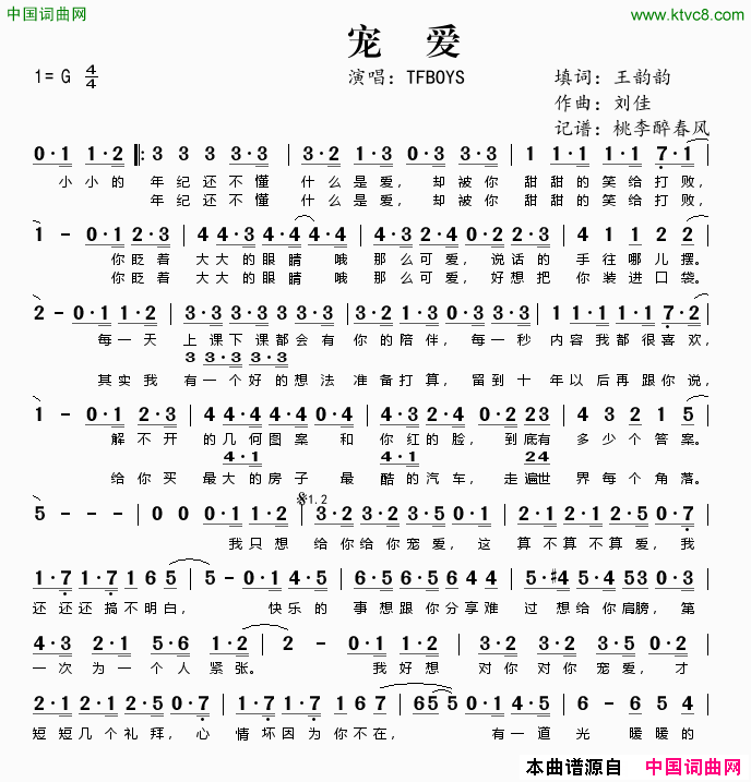 宠爱简谱_TFBOYS演唱_王韵韵/刘佳词曲