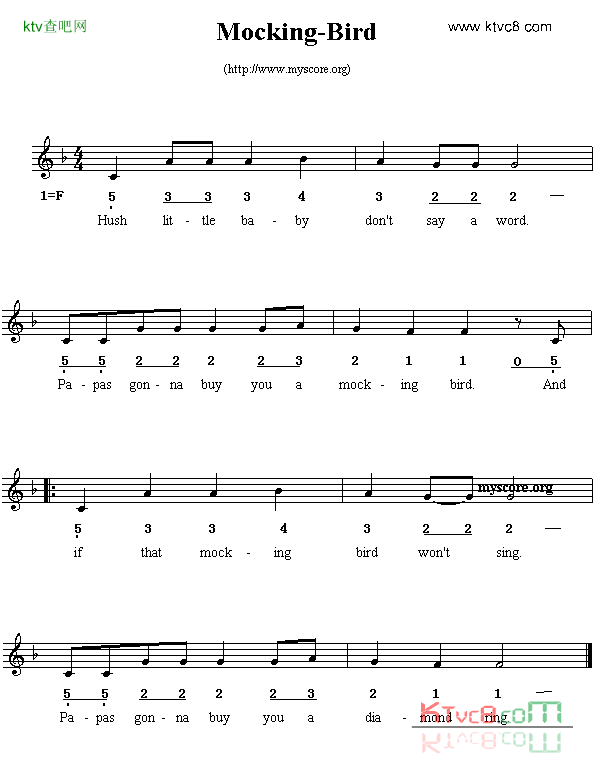 Mocking_bird线简谱混排版、英文儿歌简谱