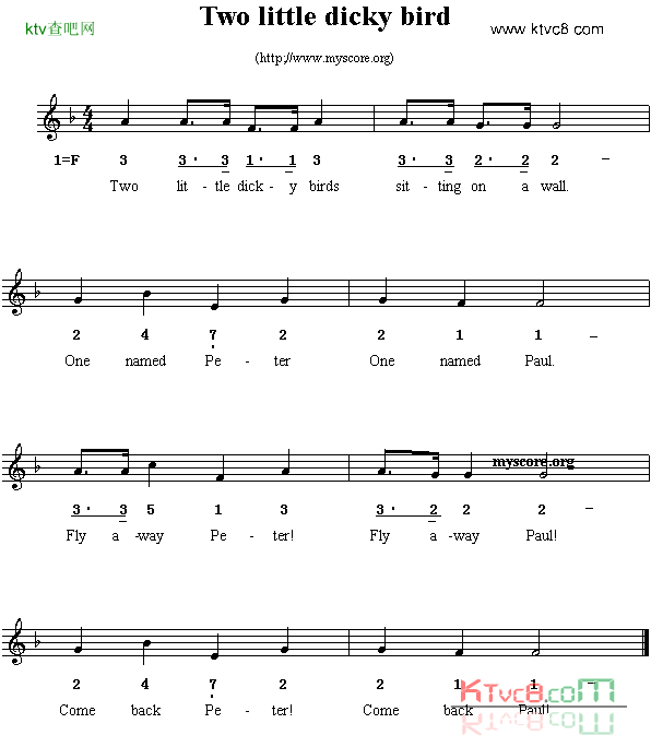 Twolittledickybirds线简谱混排版、英文儿歌简谱