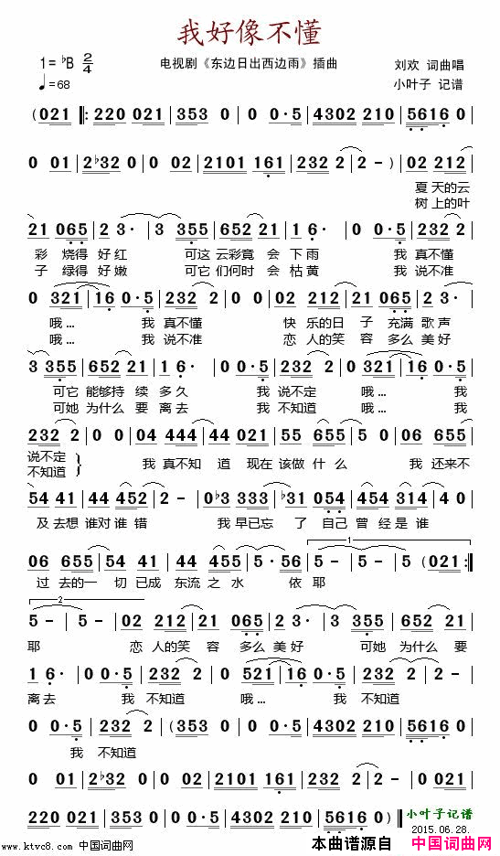 我好像不懂电视剧_东边日出西边雨_插曲简谱_刘欢演唱_刘欢/刘欢词曲