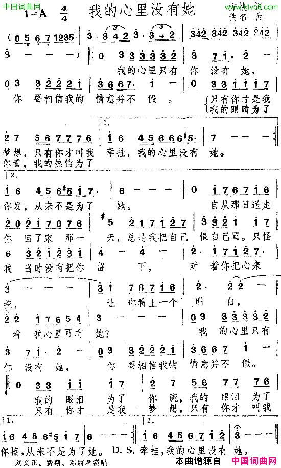 我的心里没有她简谱_费翔演唱_方块词曲