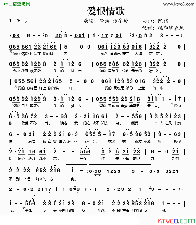 爱恨情歌简谱_冷漠演唱