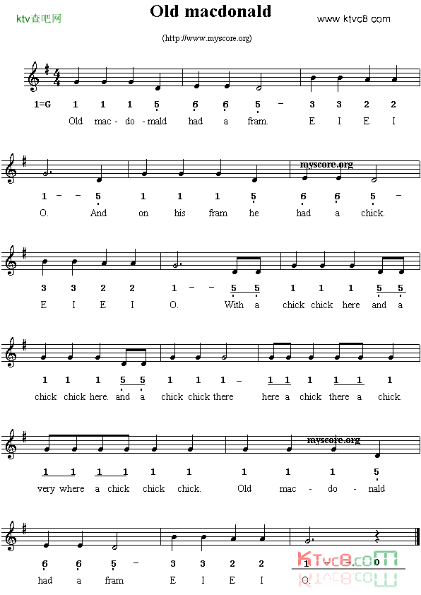 Oldmacdonald线简谱混排版、英文儿歌简谱