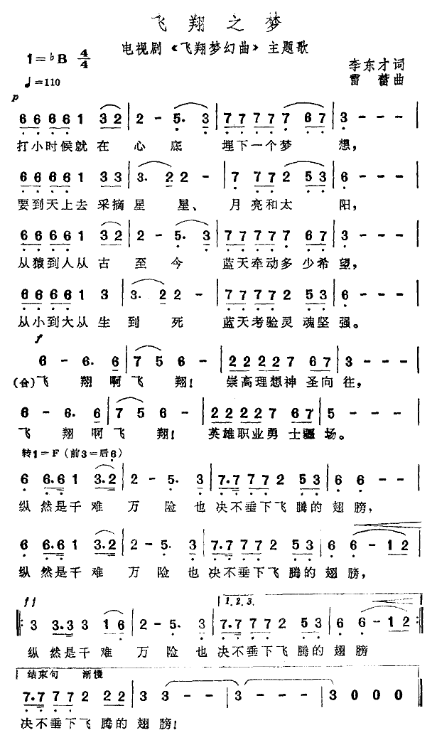 飞翔之梦简谱_李娜演唱