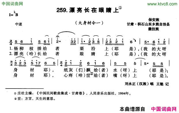 漂亮长在眼睛上简谱_刘永正演唱_甘肃民歌词曲