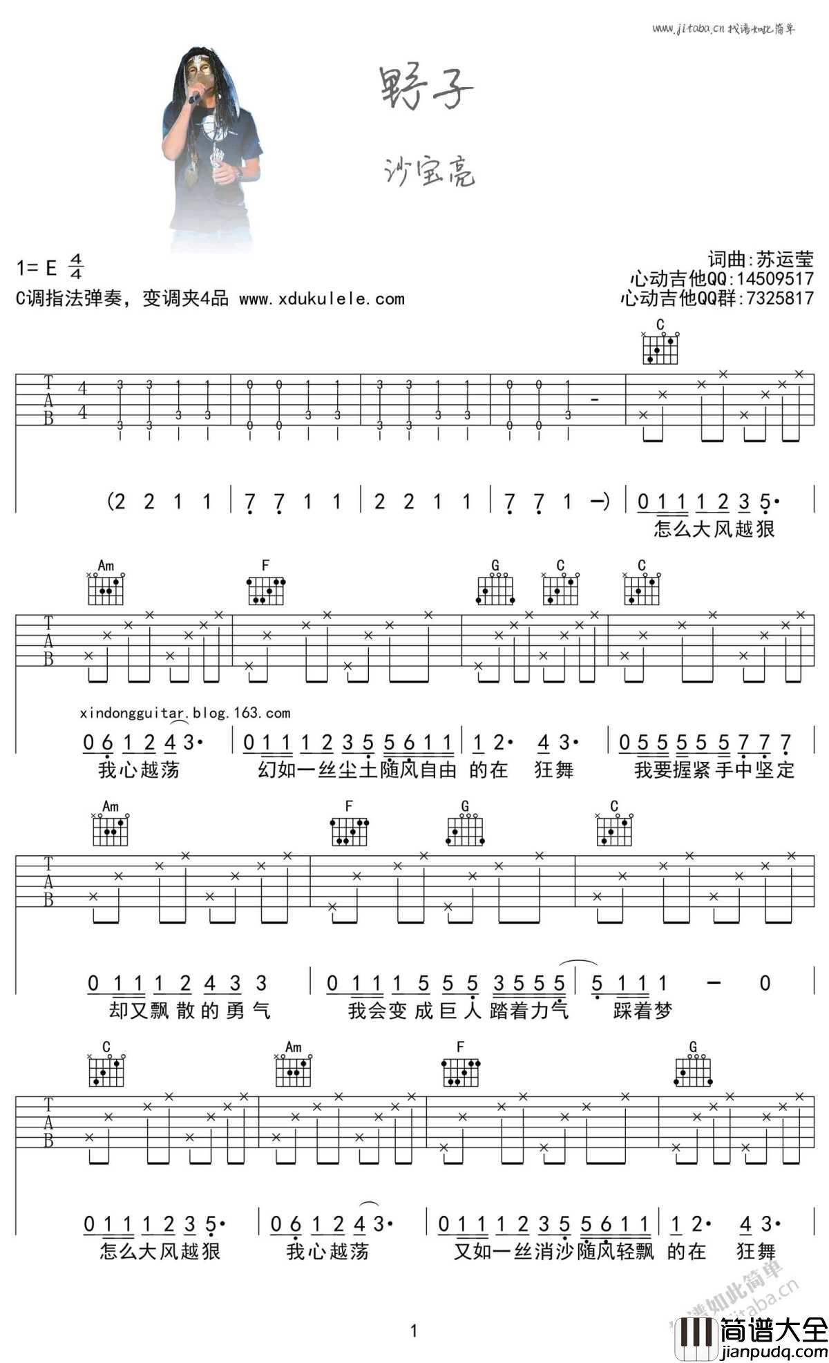 野子吉他谱_C调指法_沙宝亮_野子_吉他谱男生版