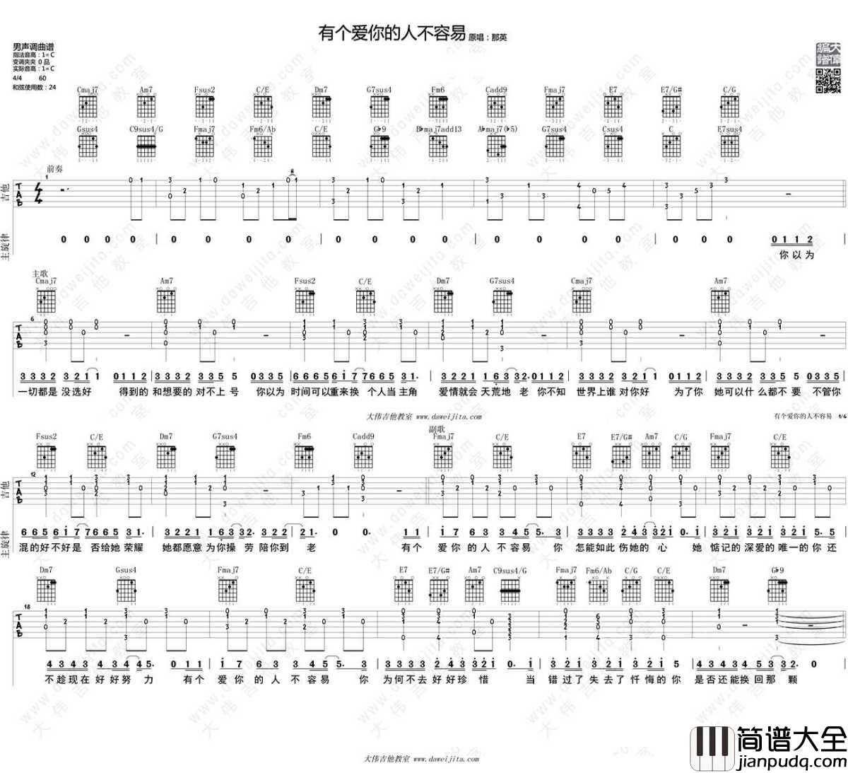 有个爱你的人不容易吉他谱C调_那英_吉他弹唱教学