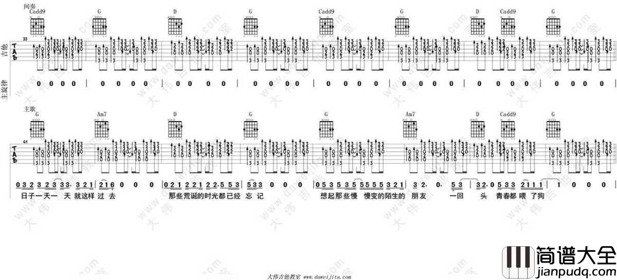 狗日的青春吉他谱_G调指法六线谱_贰佰
