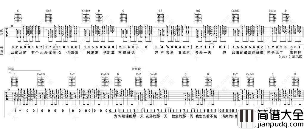 晴天吉他谱(G调弹唱谱)_周杰伦_晴天吉他六线谱