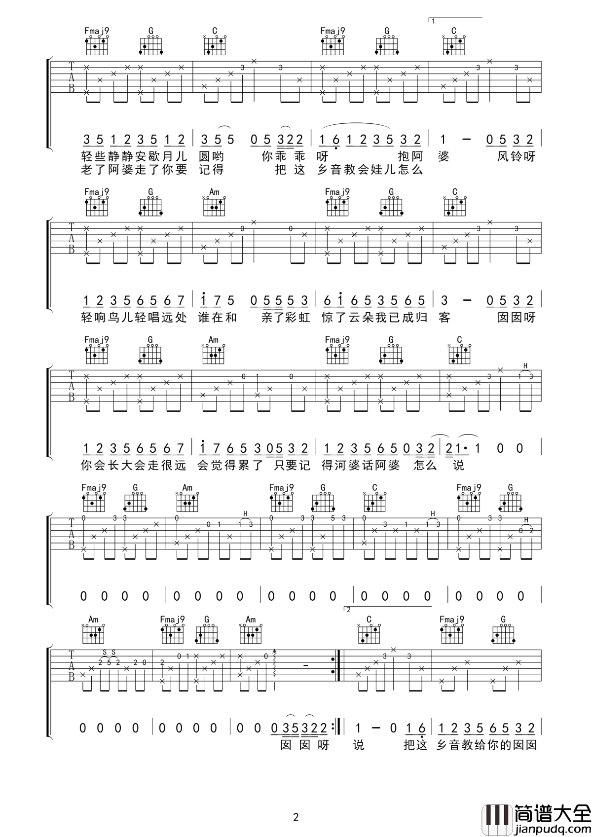 阿婆说吉他谱_陈一发儿/暗杠_囡囡呀不要调皮__坐下听听阿婆说