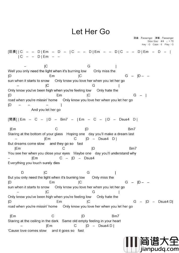 let_her_go_吉他谱_Passenger_放手后才始知那是真爱