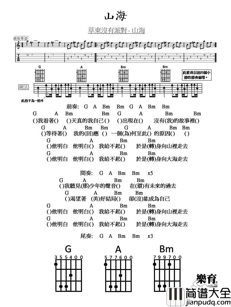 山海吉他谱简单版_草东没有派对TXT原版谱