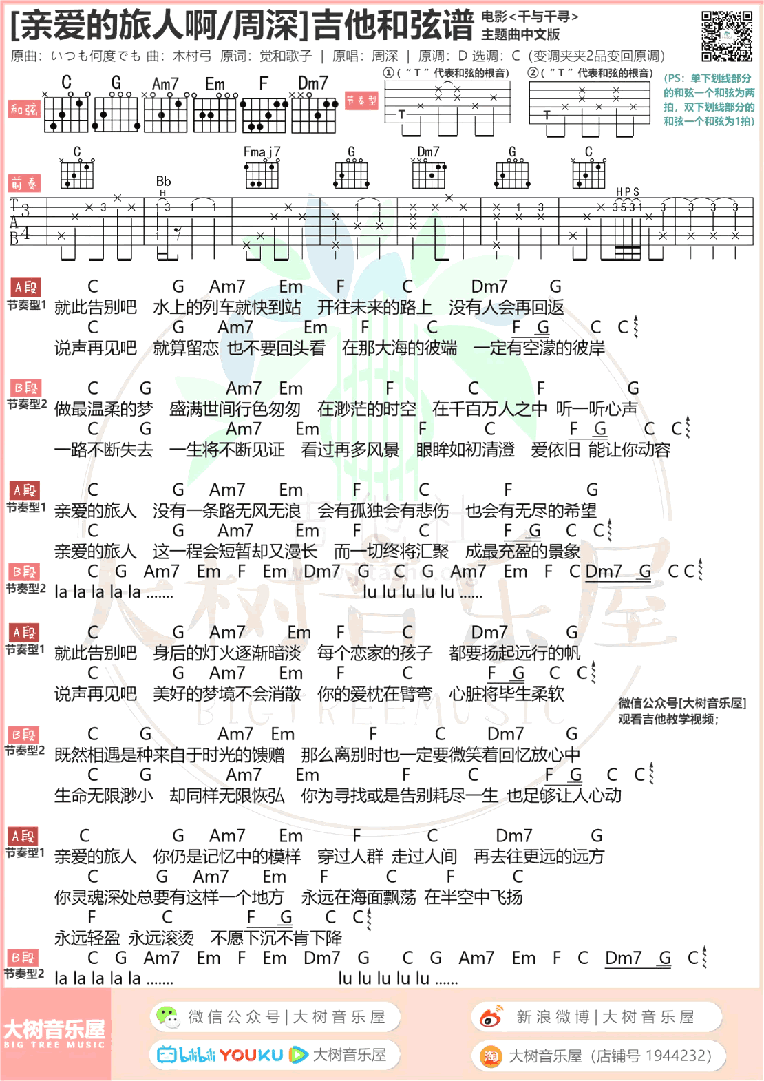 亲爱的旅人啊吉他谱_C调_周深_千与千寻_主题曲