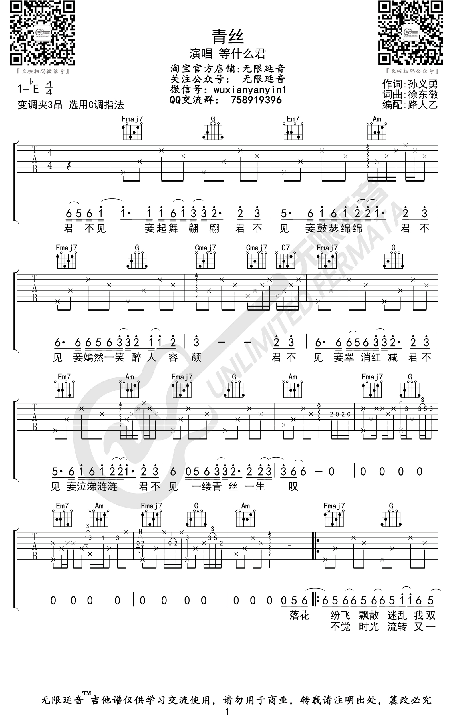 青丝吉他谱_等什么君_C调_弹唱谱高清版