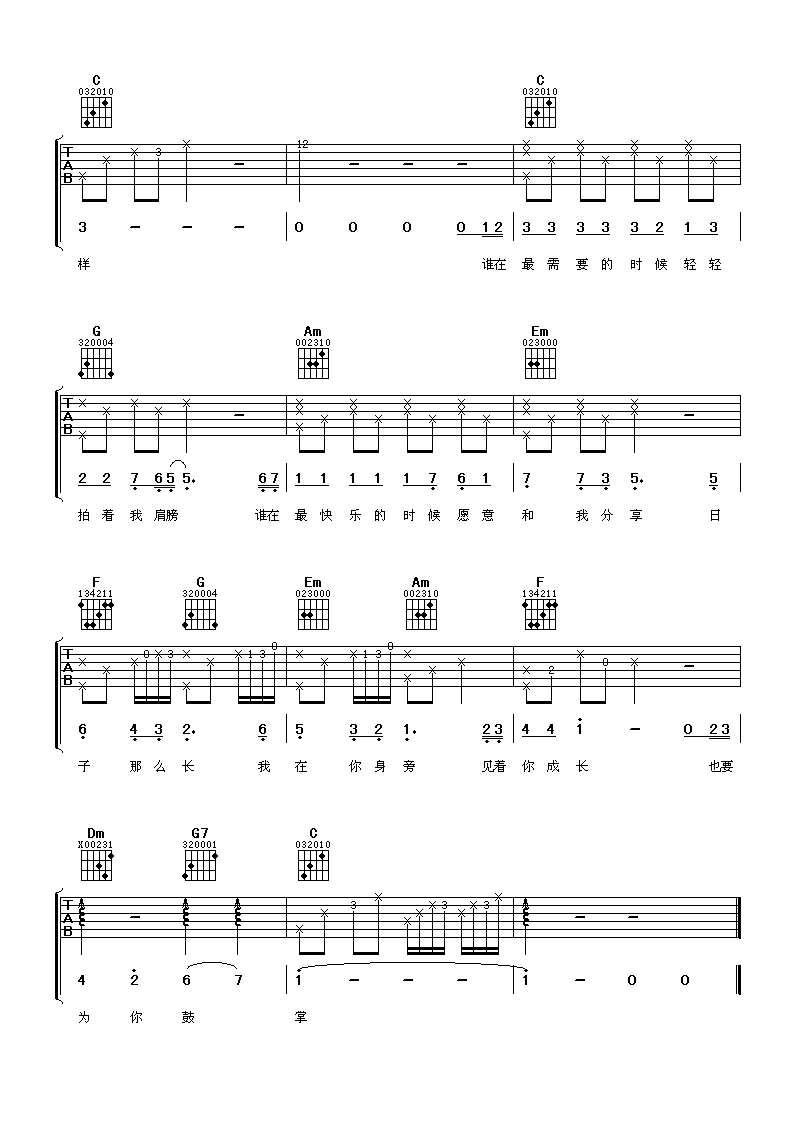 和你一样吉他谱_C调六线谱_阿潘音乐工场编配_李宇春