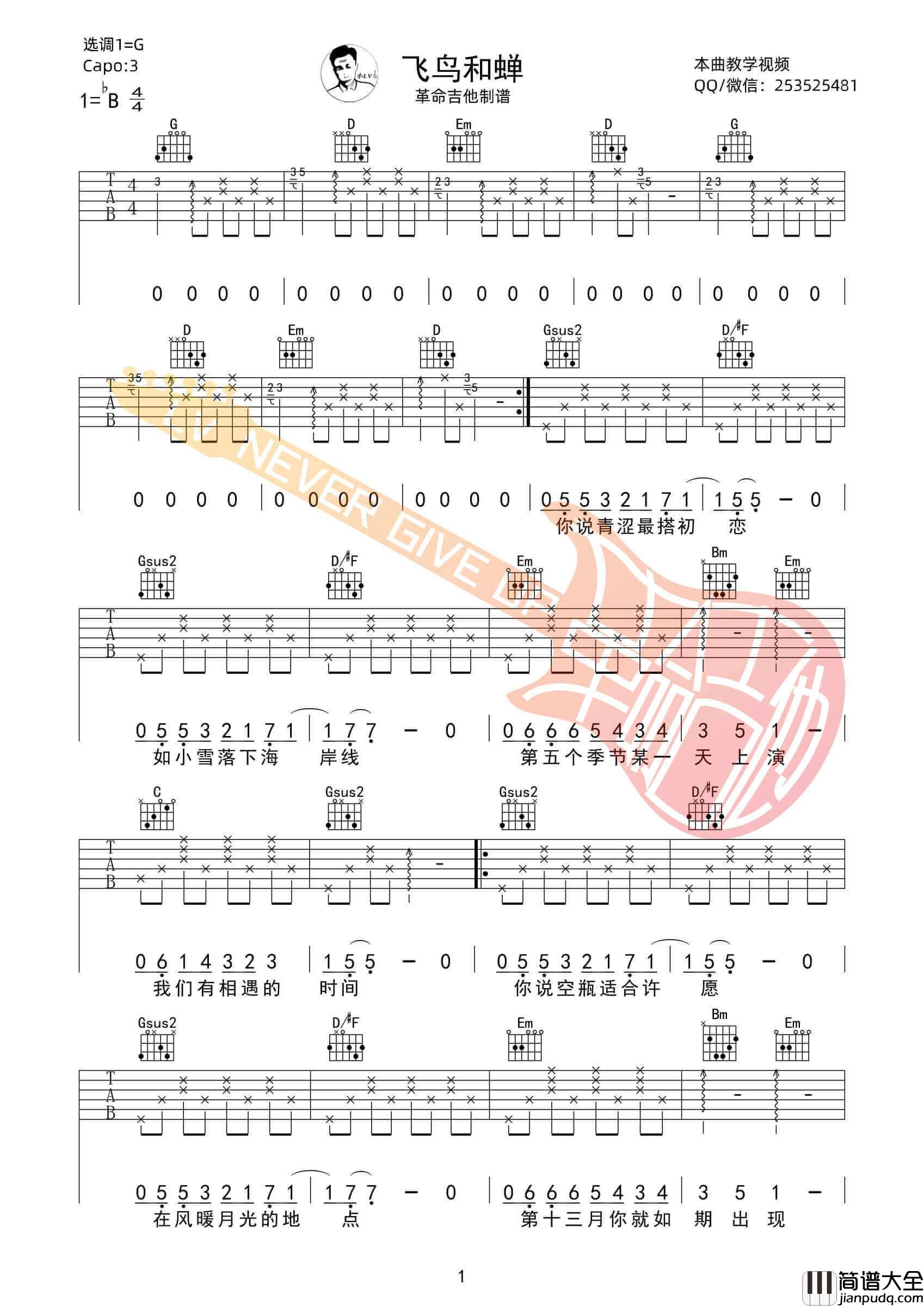 飞鸟和蝉吉他谱_G调六线谱_革命吉他编配_任然