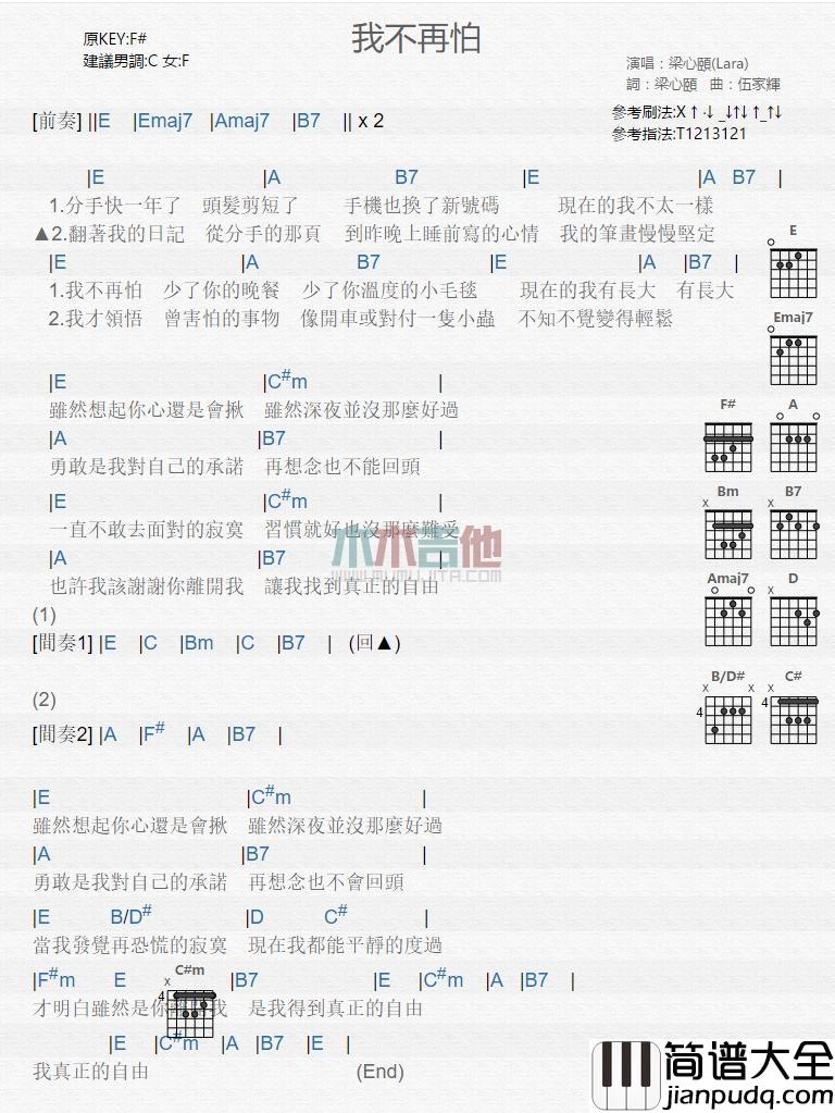 我不再怕_吉他谱_梁心颐