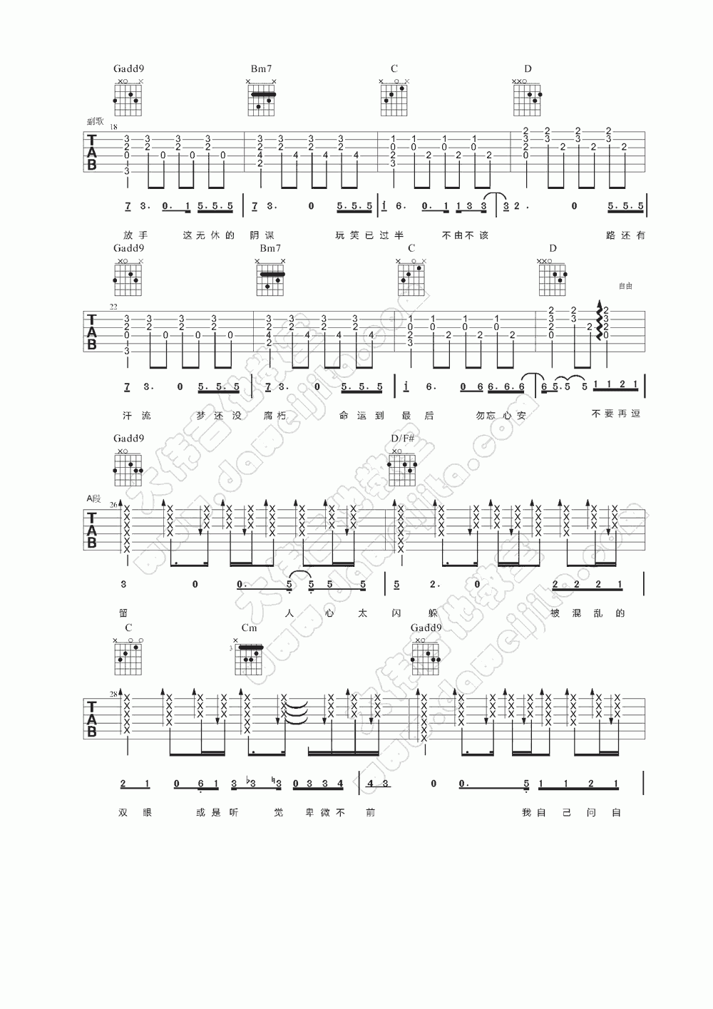 勿忘心安吉他谱_大伟吉他版__张杰