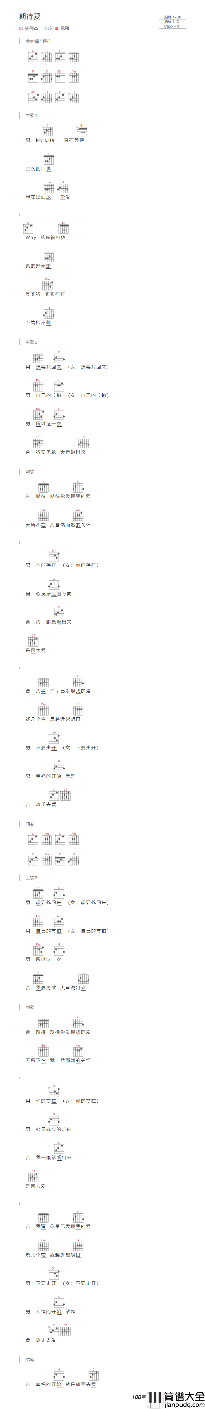 期待爱吉他谱_林俊杰/金沙_C调吉他弹唱谱