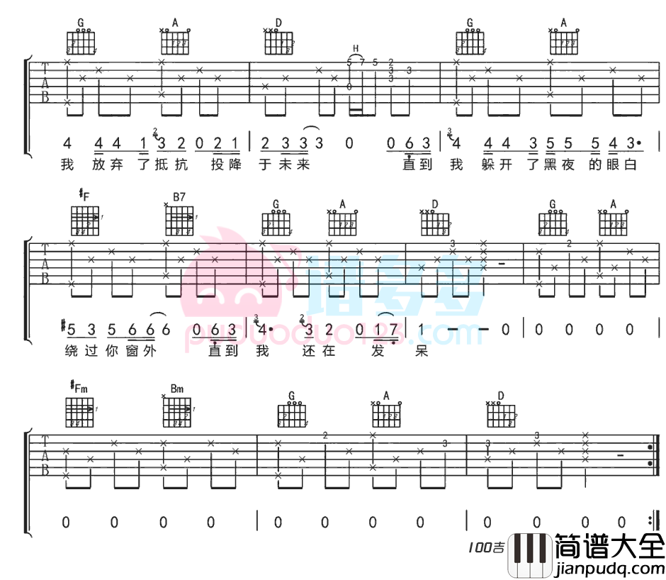 _致你所爱_吉他谱_王北车D调六线谱