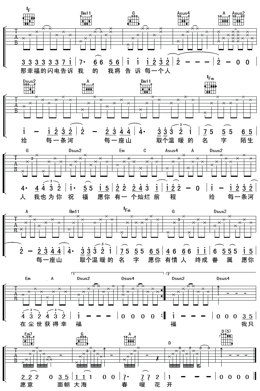 面朝大海春暖花开吉他谱_C调精选版_胡畔