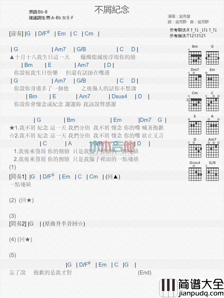 不屑纪念_吉他谱_吴克群