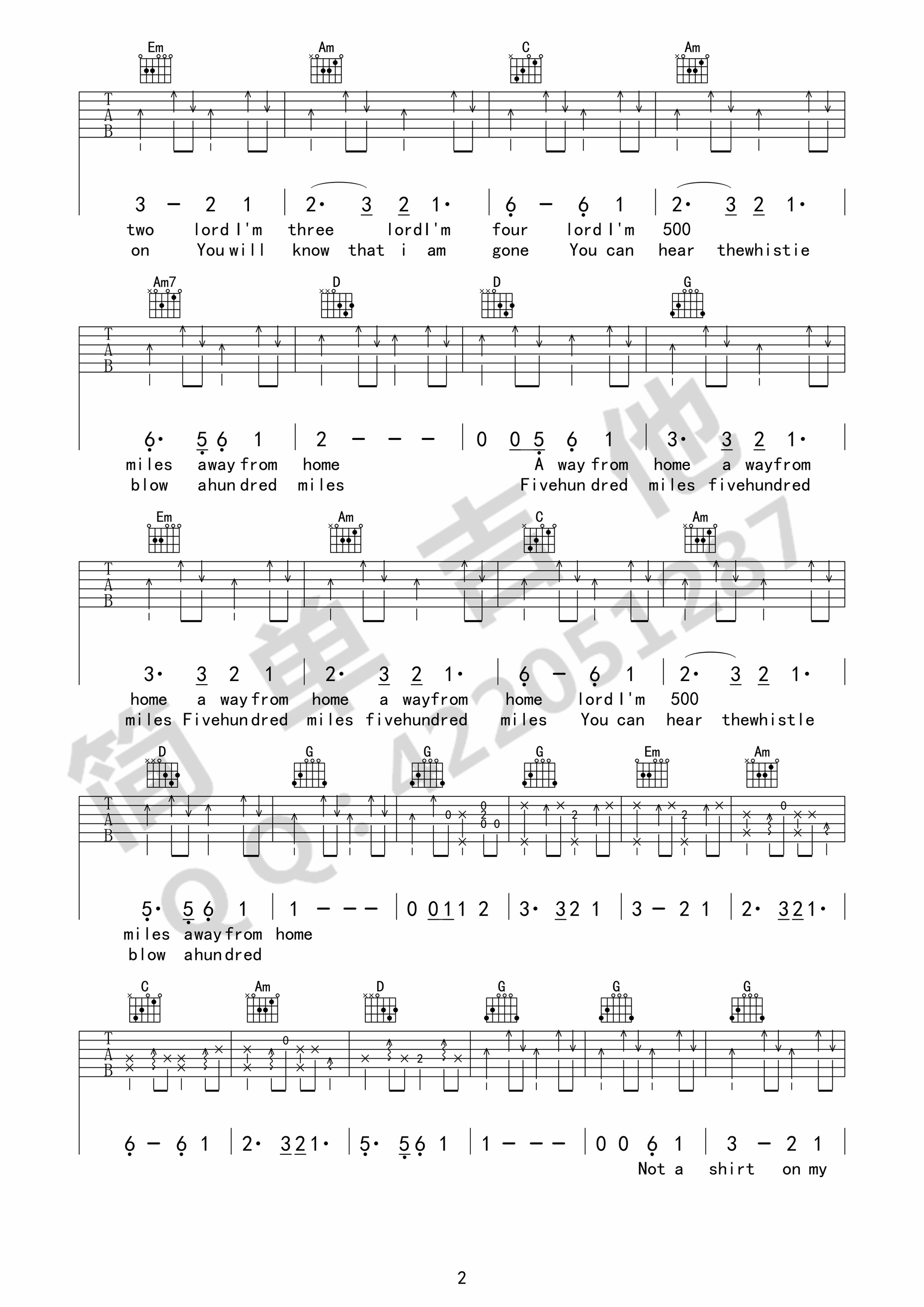 _500miles_吉他谱_Five_hundred_miles六线谱_G调简单版弹唱谱