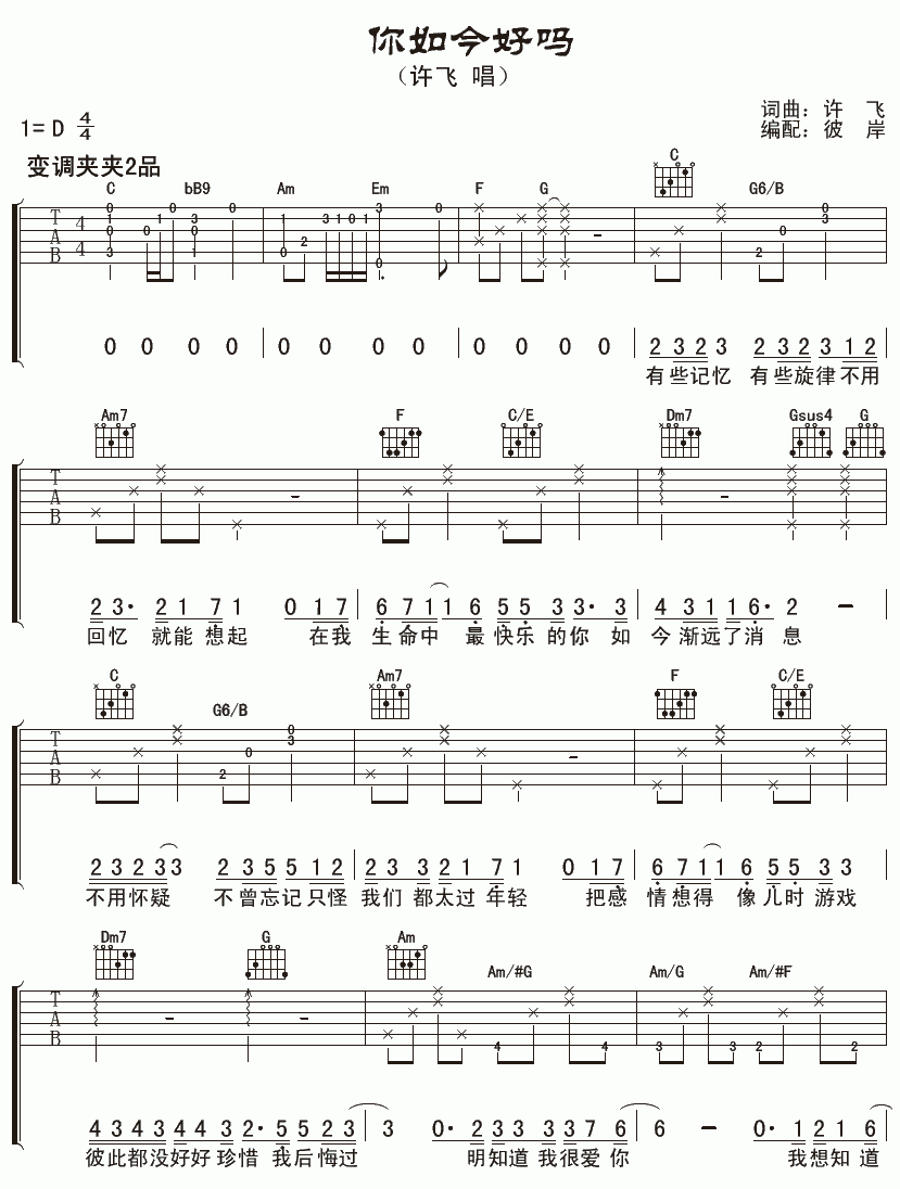 你如今好吗吉他谱__许飞