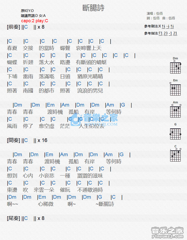 断肠诗吉他谱_C调和弦谱_伍佰