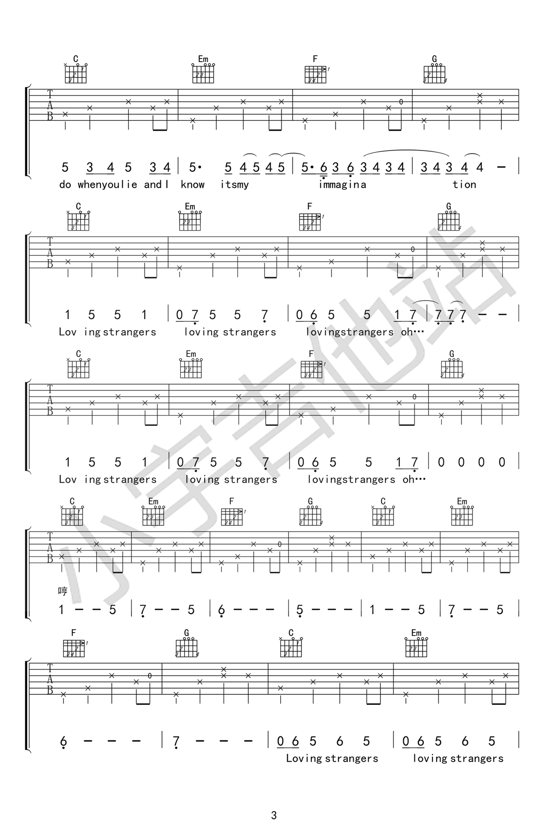 Loving_strangers吉他谱_Tiger_好声音版本_C调弹唱谱