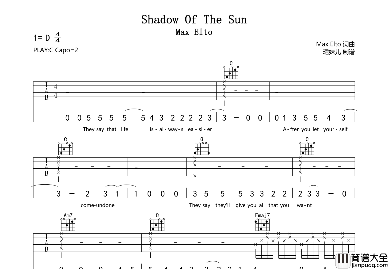 Shadow_Of_The_Sun吉他谱_Max_Elto_C调原版弹唱谱