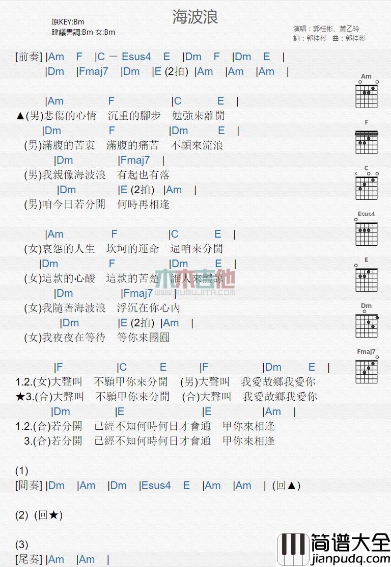 海波浪_吉他谱_黄乙玲,郭桂彬