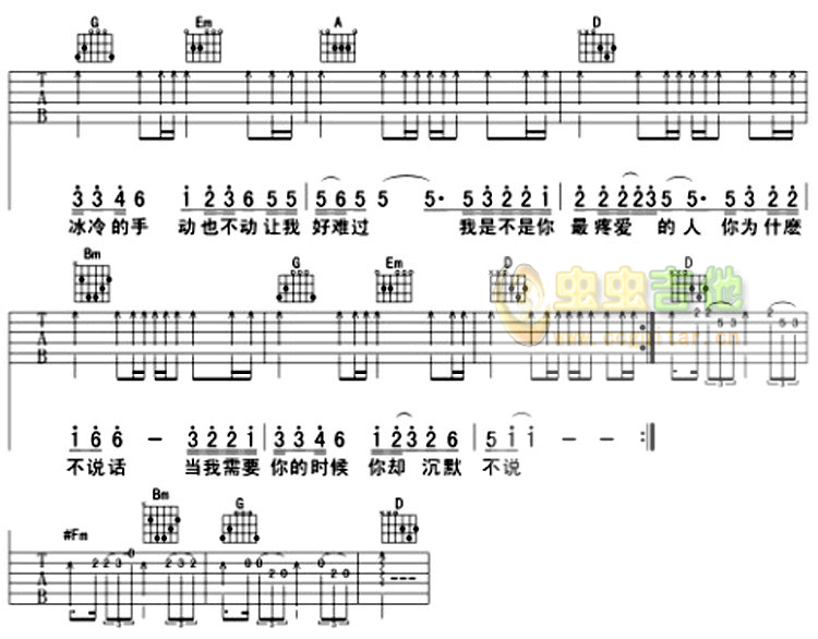 我是不是你最疼爱的人吉他谱_D调六线谱_潘越云