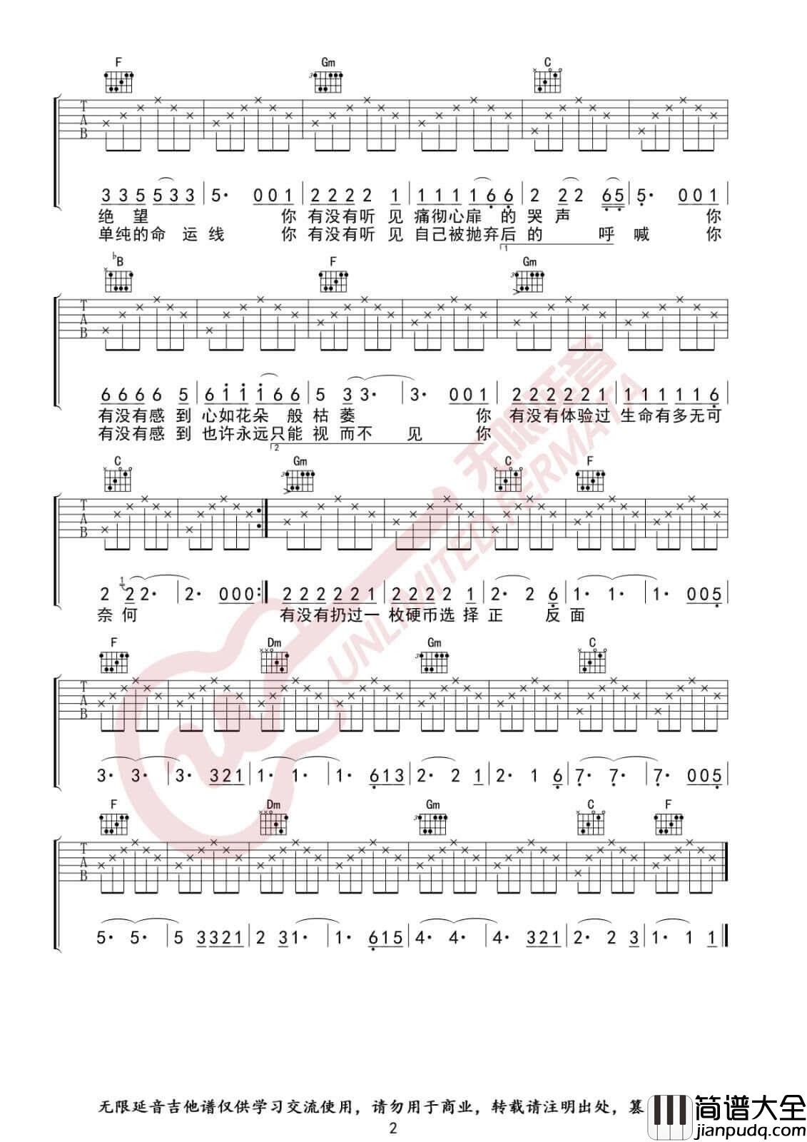硬币吉他谱_F调高清版_无限延音编配_汪峰