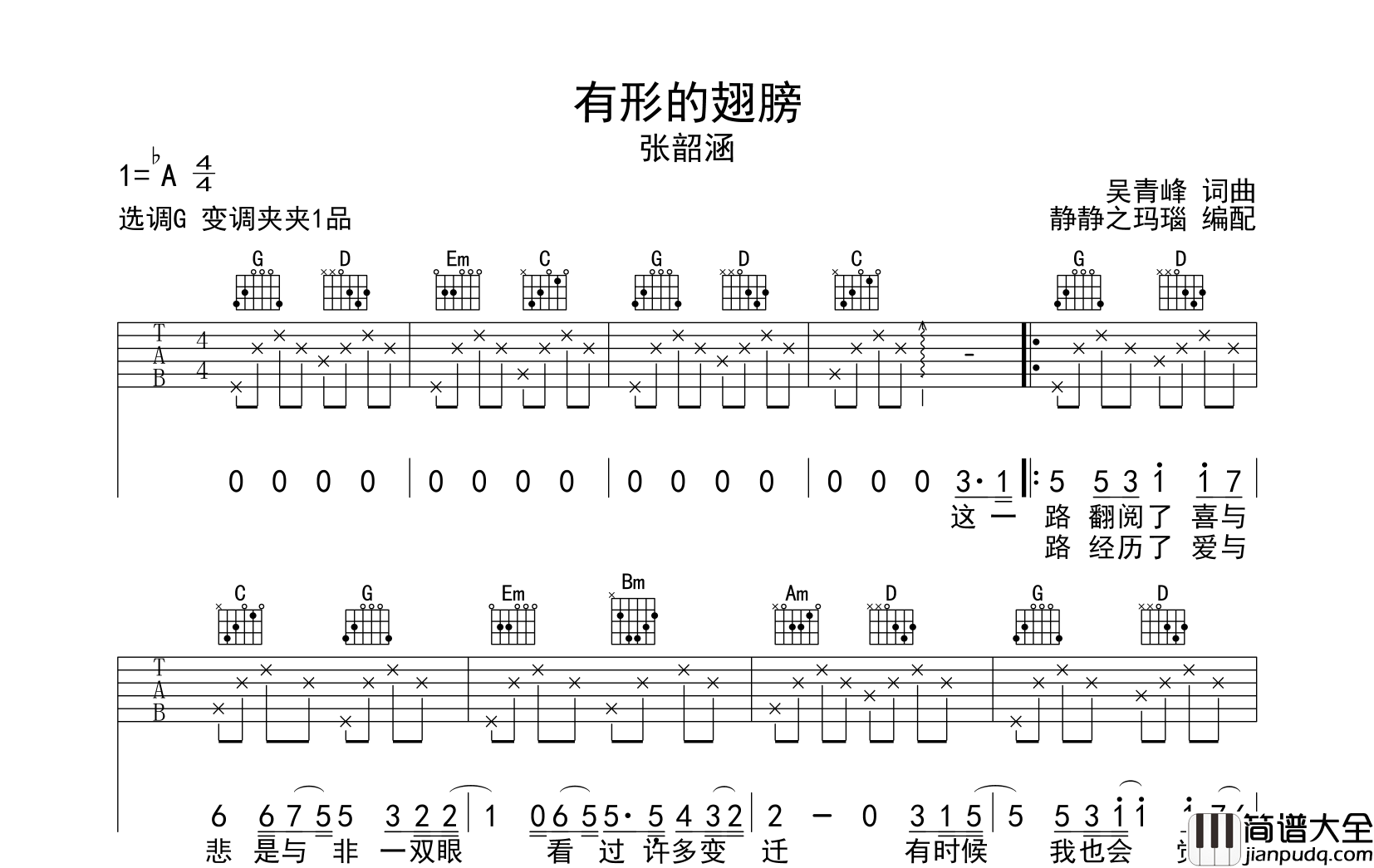 张韶涵_有形的翅膀_吉他谱_G调指法吉他六线谱