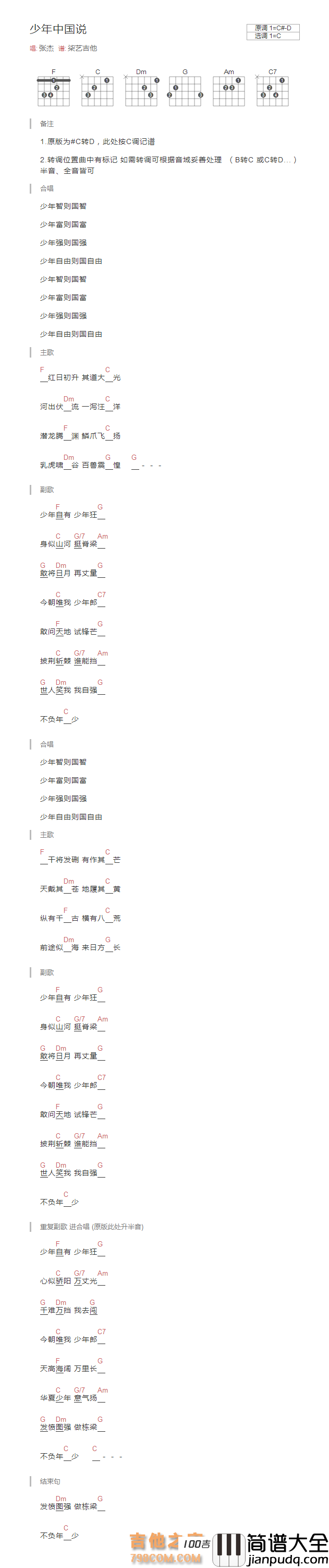 少年中国说吉他谱_张杰_C调吉他弹唱谱