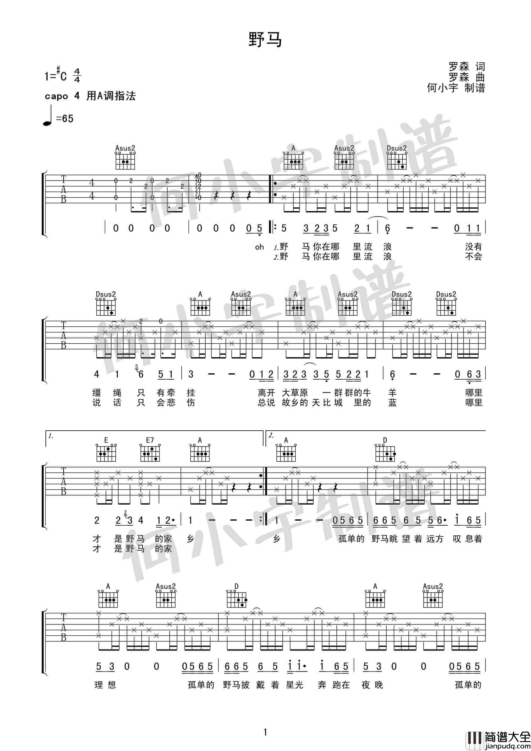 野马吉他谱_C调简单版_何小宇编配_罗森