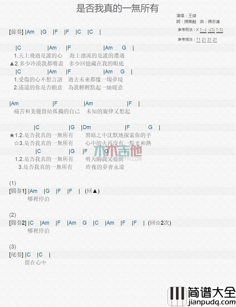 是否我真的一无所有_吉他谱_王杰