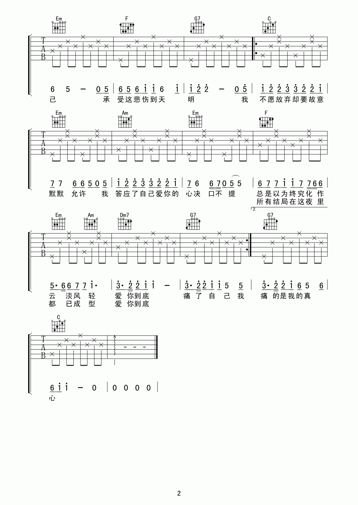 绝口不提爱你吉他谱_C调_简单版_郑中基