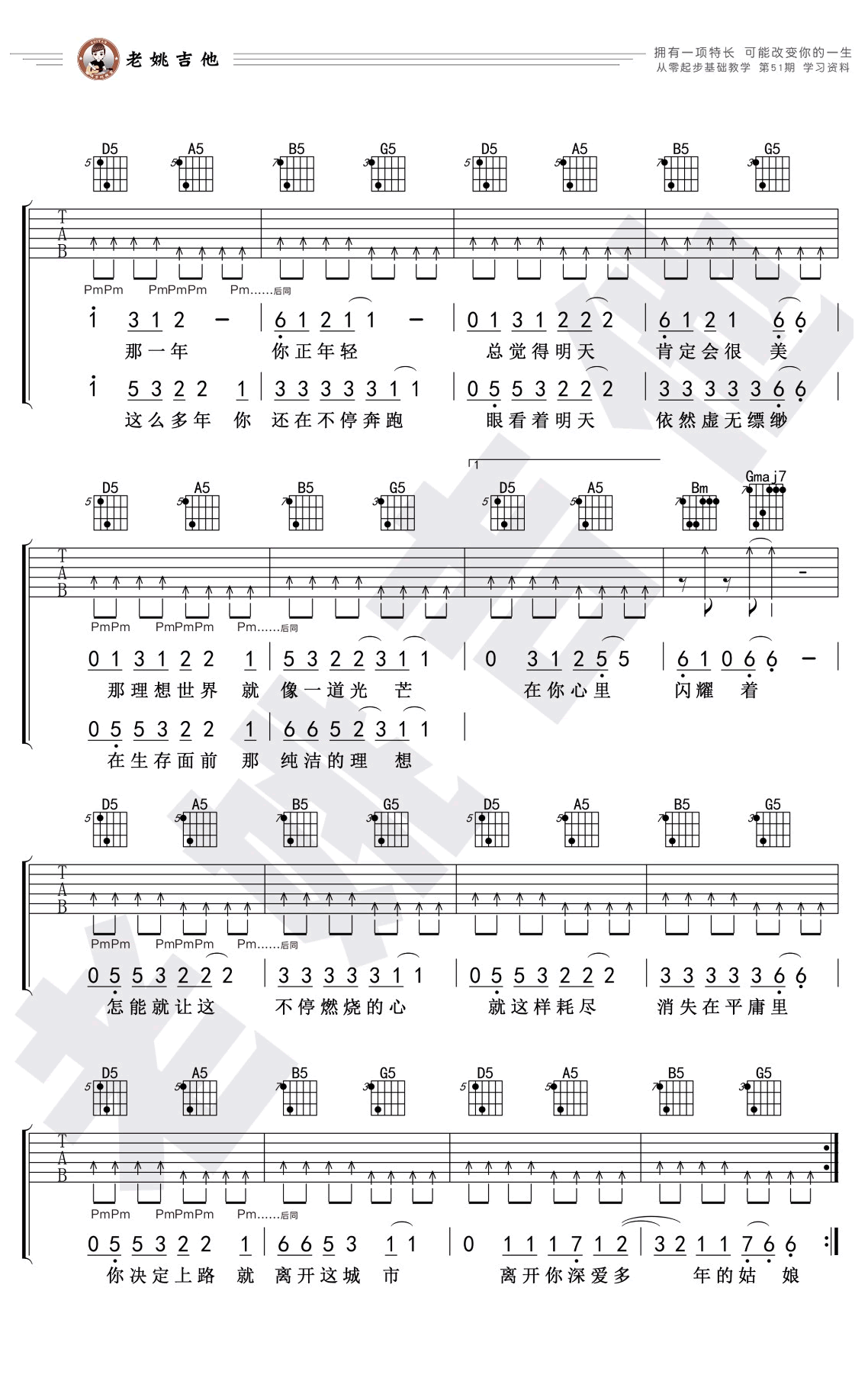 那一年吉他谱_许巍_D调指法_闷音练习_吉他教学视频