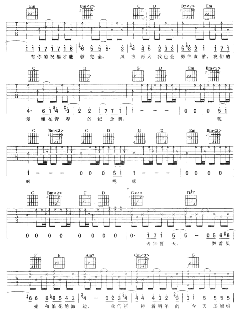 _青春纪念册_吉他谱_可米小子_G调弹唱六线谱_高清图片谱