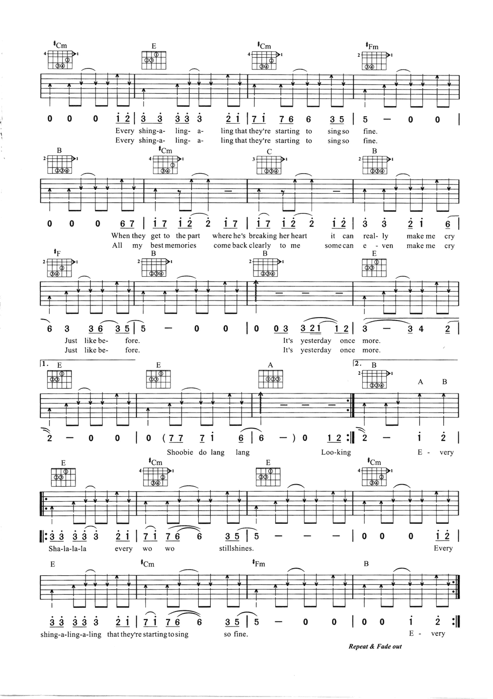 Yesterday_Once_More吉他谱_E调六线谱_简单版_Carpenters