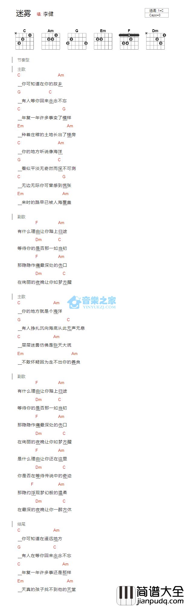 迷雾_吉他谱_C调版_李健