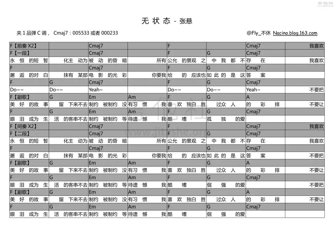 无状态吉他谱_C调和弦谱_吉他社编配_张悬