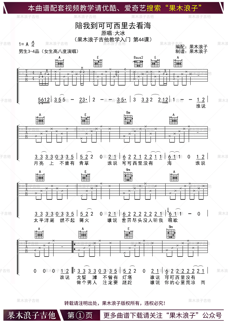 陪我到可可西里去看海吉他谱_大冰_弹唱谱_吉他教学视频