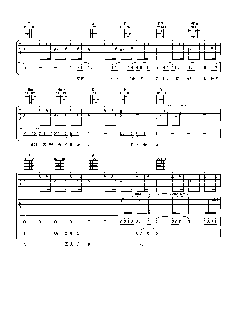 因为是你吉他谱_A调女生版_阿潘音乐工场编配_王心凌