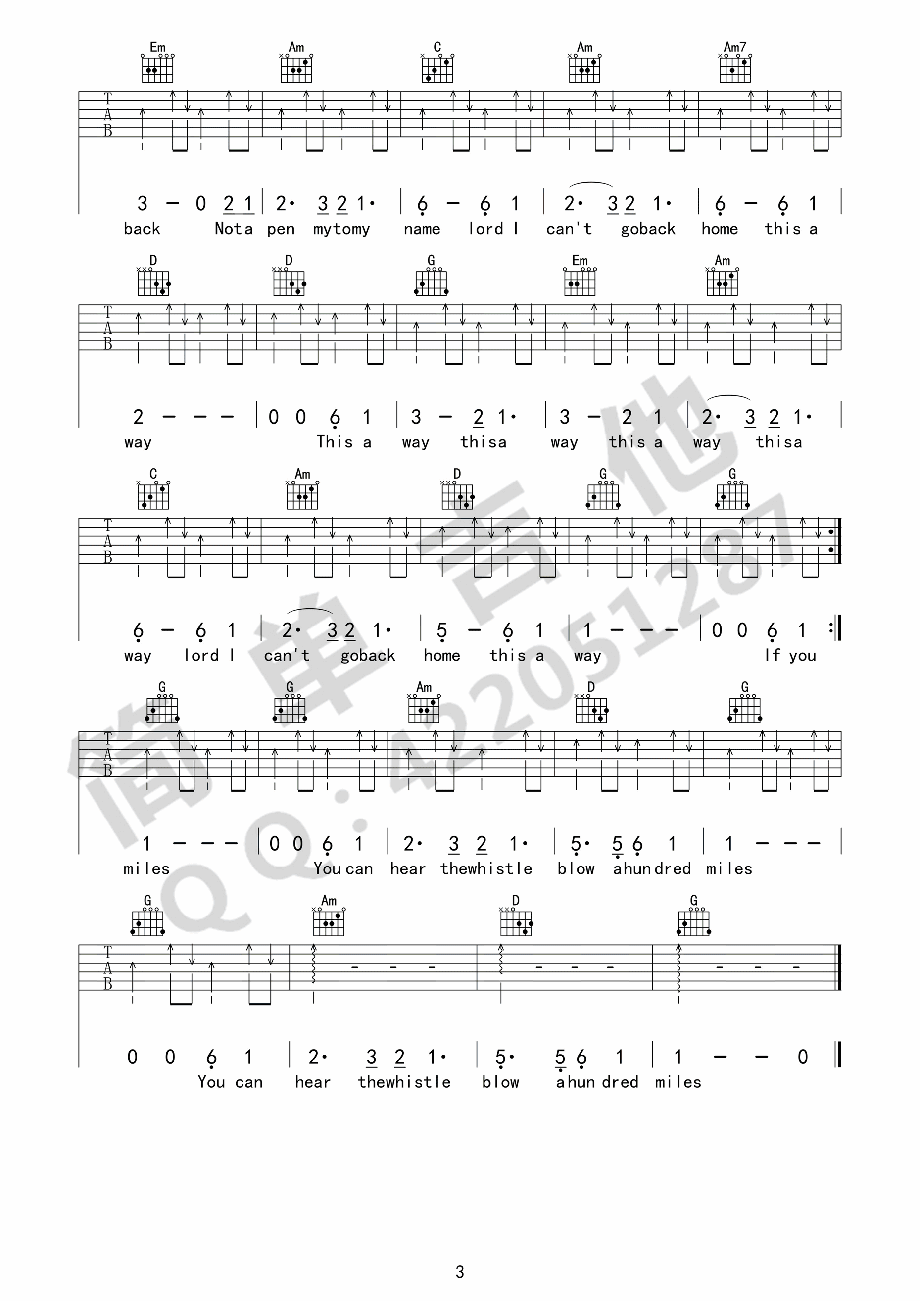 _500miles_吉他谱_Five_hundred_miles六线谱_G调简单版弹唱谱