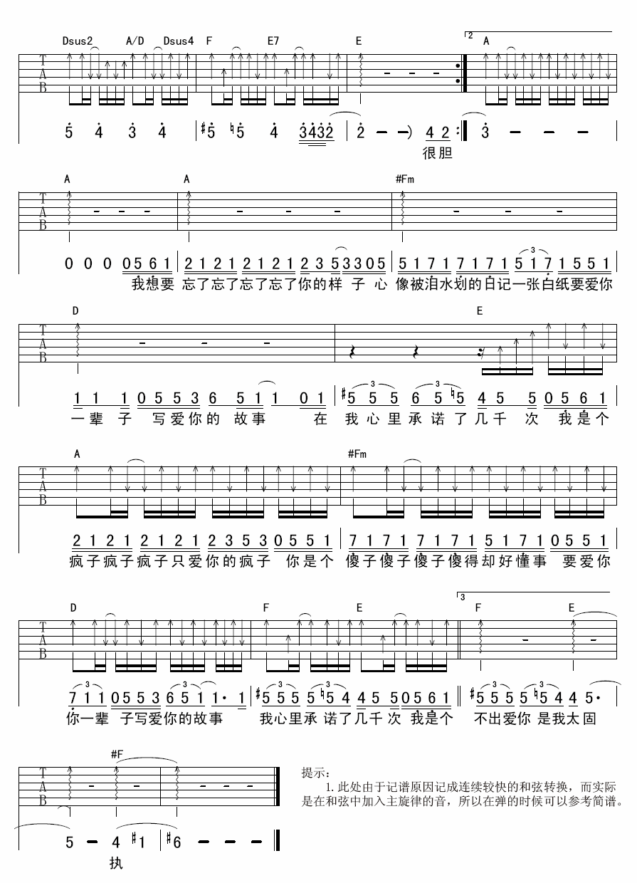 疯人院吉他谱_A调六线谱_苏波编配_魏晨