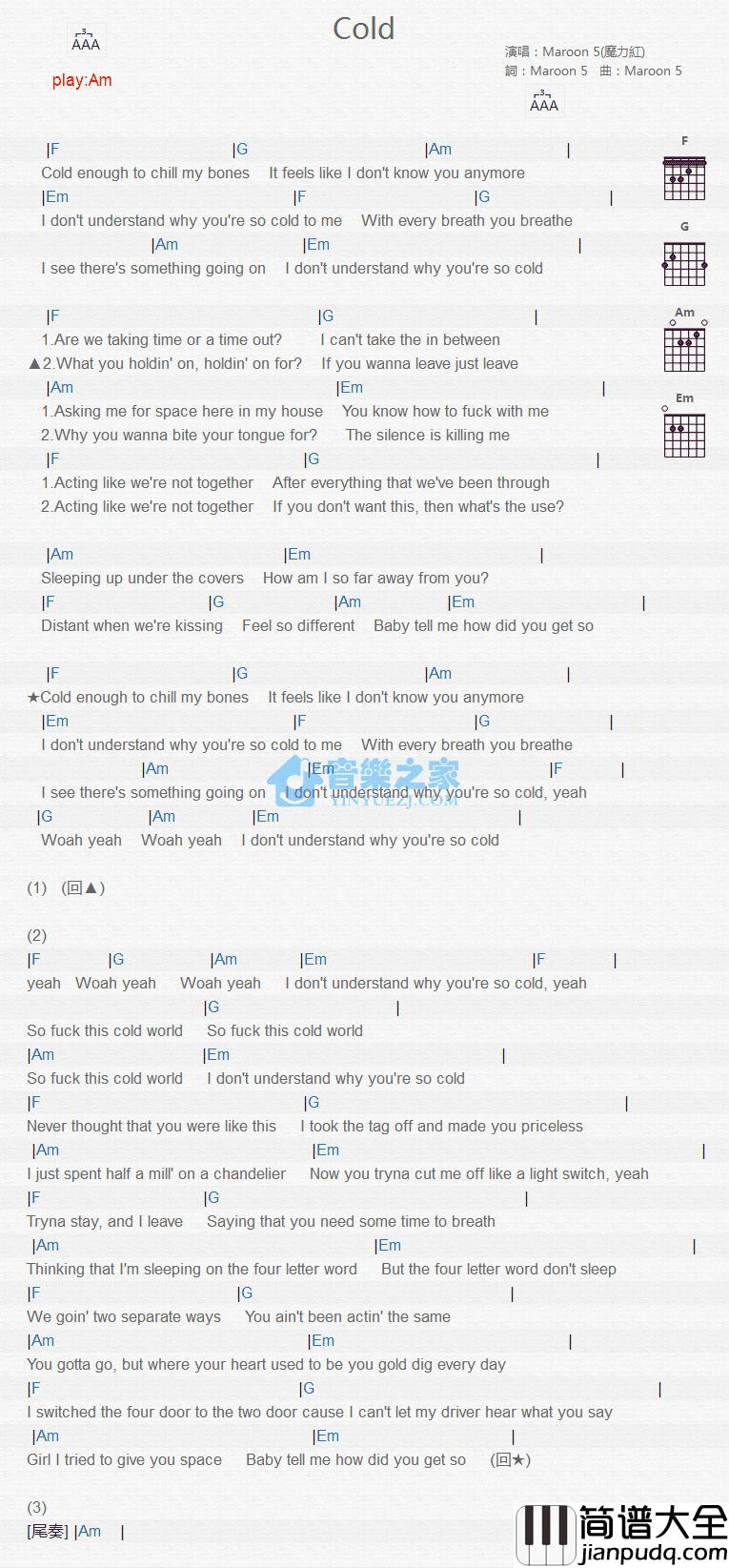 Cold吉他谱_Am调版_Maroon_5