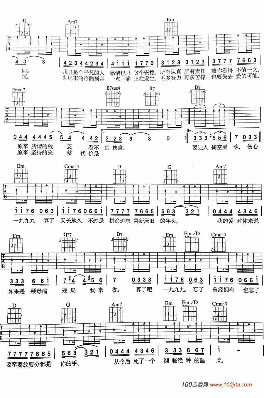 _伤心1999_吉他谱_王杰_G调吉他谱